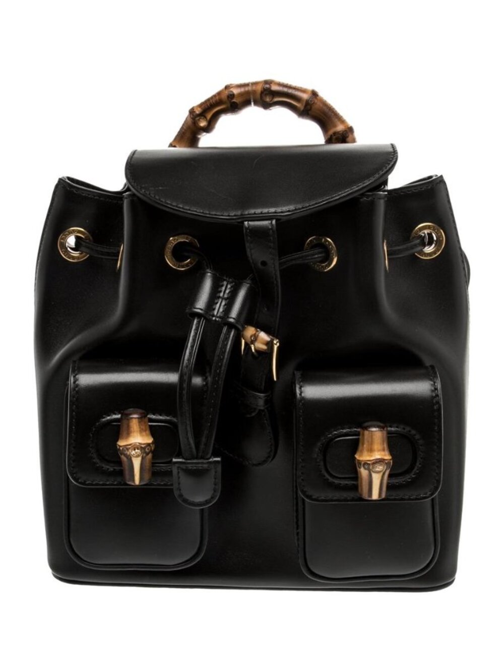 NWT Gucci Bamboo Small Black Leather Backpack Bamboo Handle Gold Tone Hardware